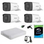 Kit Complet supraveghere 4 camere exterior Hikvision 5mp , IR 30m ,2.8mm , 1TB , accesorii incluse